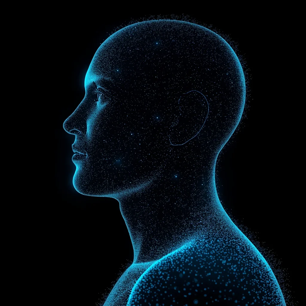 Generated particle-hologram portrait representing ANSR's AI service